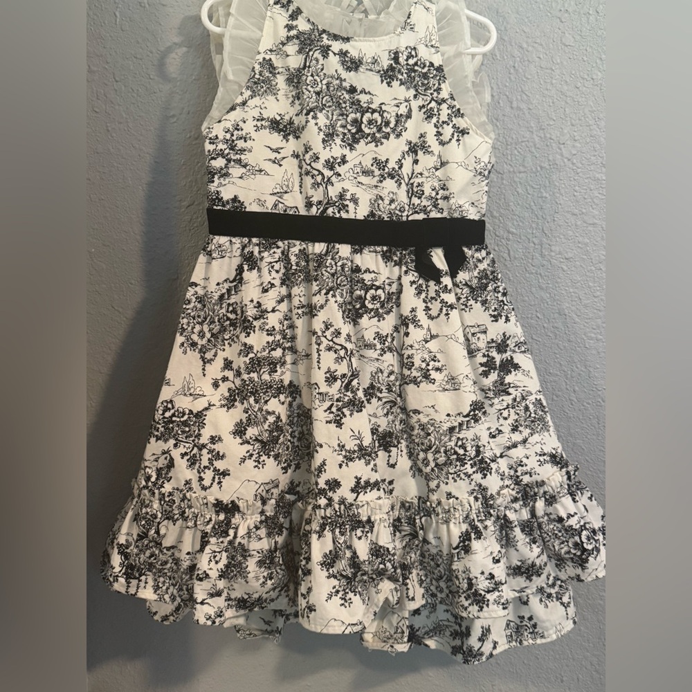EUC Janie & Jack Black White Toille Dress With Ruffle Collar Velvet Sash
